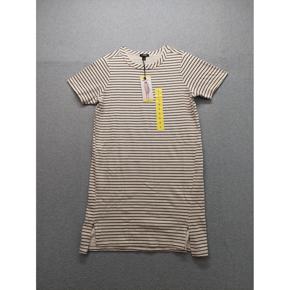 Buffalo Women T Shirt Dress S Cream‎ Striped Short Sleeve Knee Length Casual